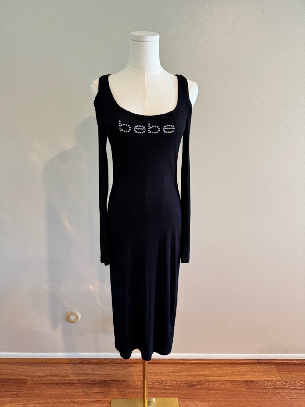 bebe Y2K Black Long Sleeve Cold Shoulder Scoop Neck Rhinestone Logo Maxi Dress